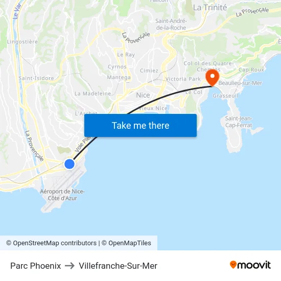 Parc Phoenix to Villefranche-Sur-Mer map