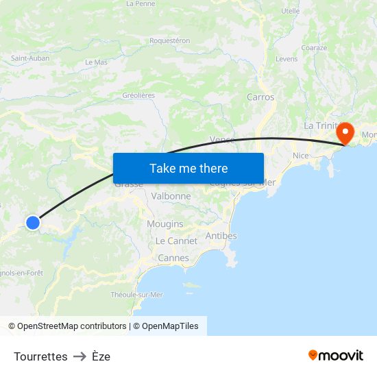 Tourrettes to Èze map