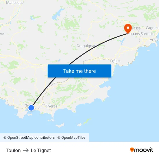 Toulon to Le Tignet map