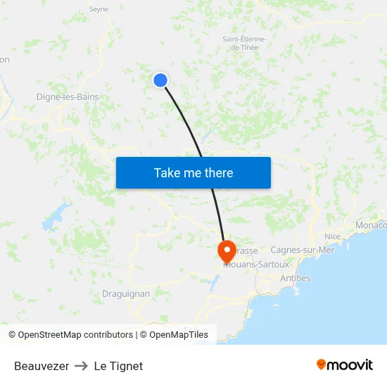 Beauvezer to Le Tignet map