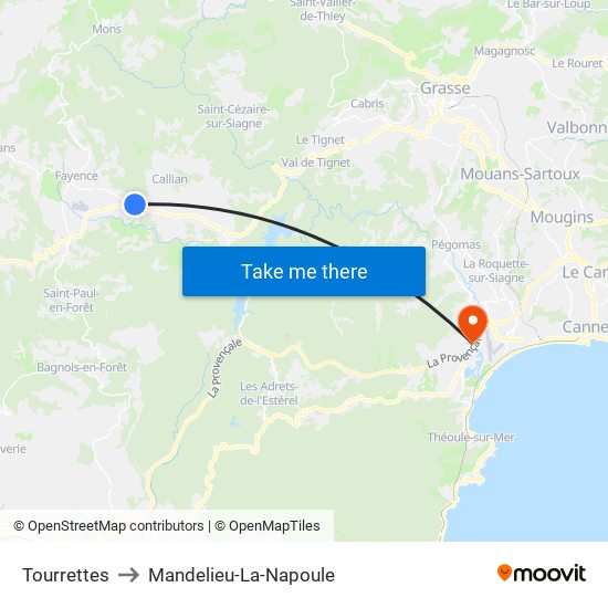 Tourrettes to Mandelieu-La-Napoule map