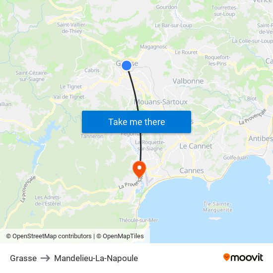 Grasse to Mandelieu-La-Napoule map