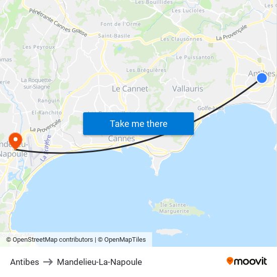 Antibes to Mandelieu-La-Napoule map