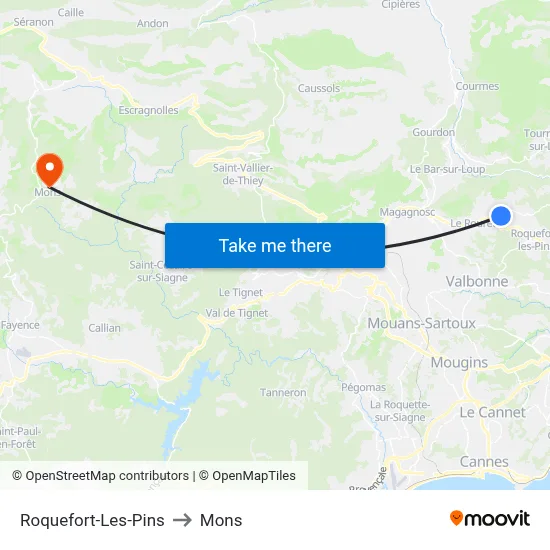 Roquefort-Les-Pins to Mons map