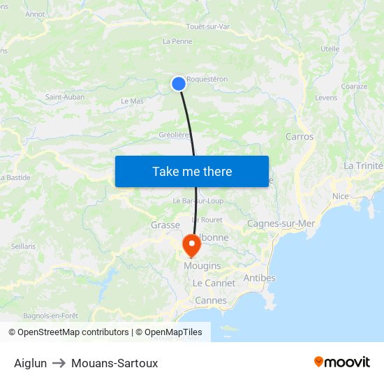 Aiglun to Mouans-Sartoux map