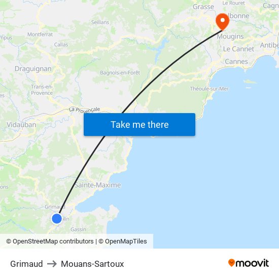 Grimaud to Mouans-Sartoux map