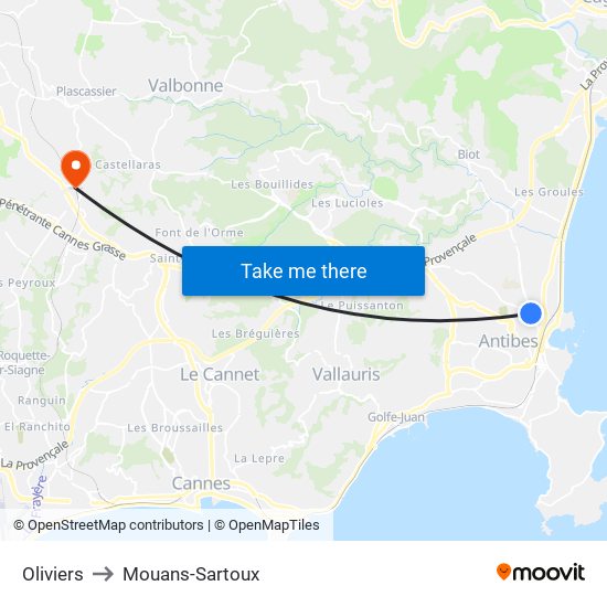 Oliviers to Mouans-Sartoux map