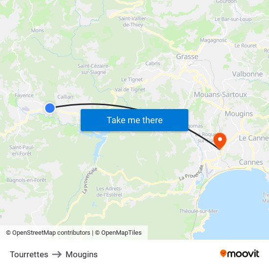 Tourrettes to Mougins map