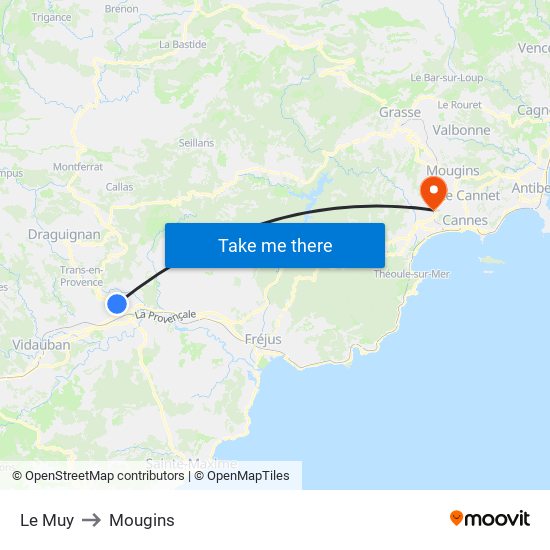 Le Muy to Mougins map