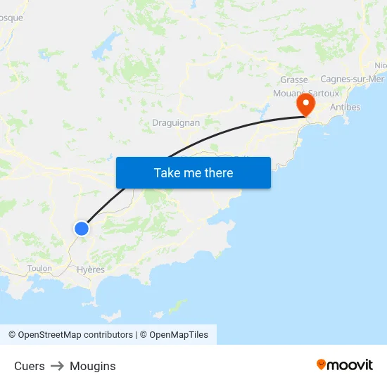 Cuers to Mougins map