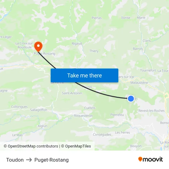 Toudon to Puget-Rostang map