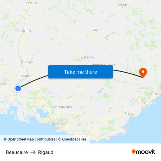 Beaucaire to Rigaud map