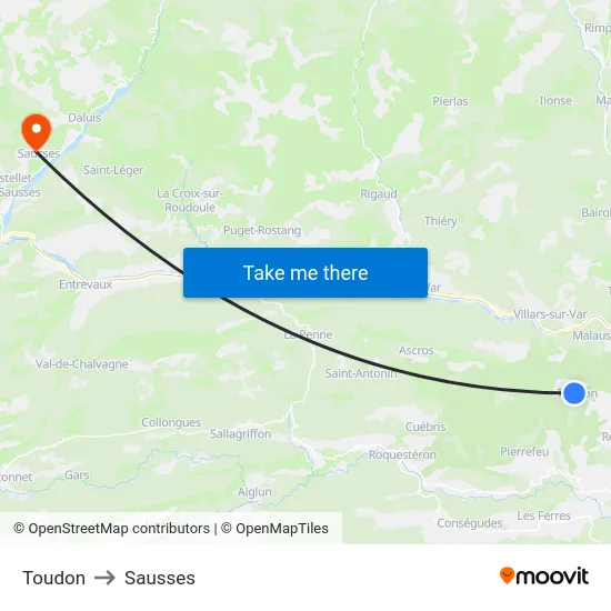 Toudon to Sausses map