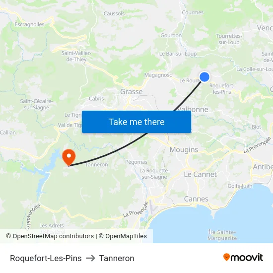 Roquefort-Les-Pins to Tanneron map