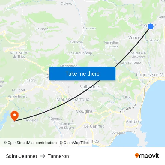 Saint-Jeannet to Tanneron map