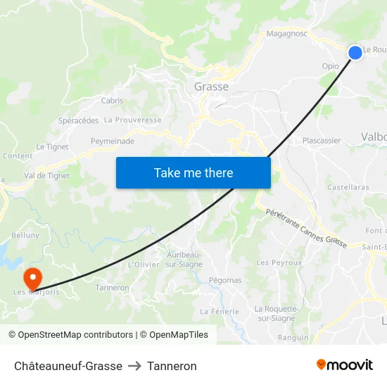 Châteauneuf-Grasse to Tanneron map