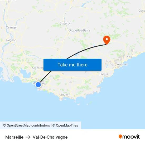 Marseille to Val-De-Chalvagne map