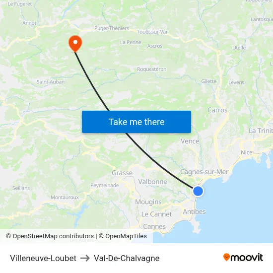 Villeneuve-Loubet to Val-De-Chalvagne map