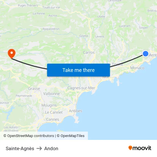 Sainte-Agnès to Andon map