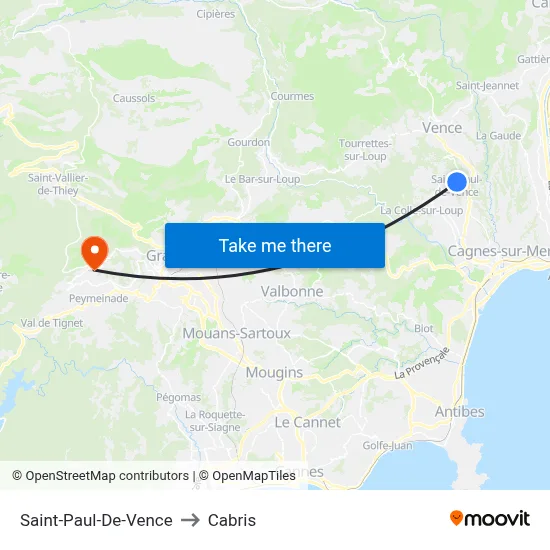 Saint-Paul-De-Vence to Cabris map