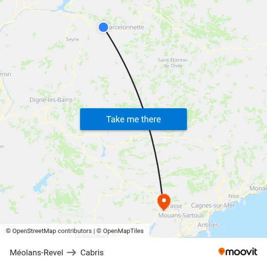 Méolans-Revel to Cabris map