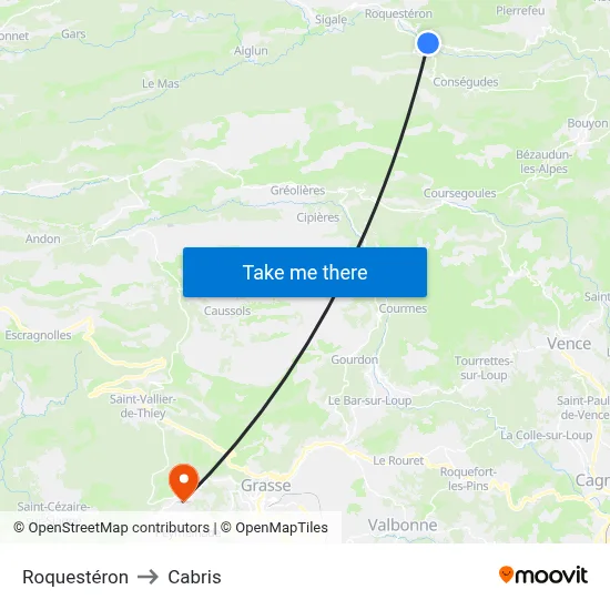 Roquestéron to Cabris map