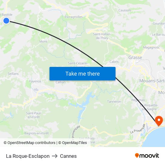 La Roque-Esclapon to Cannes map