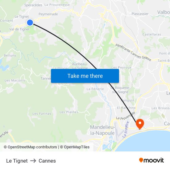 Le Tignet to Cannes map