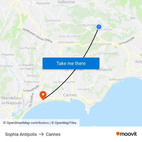 Sophia Antipolis to Cannes map