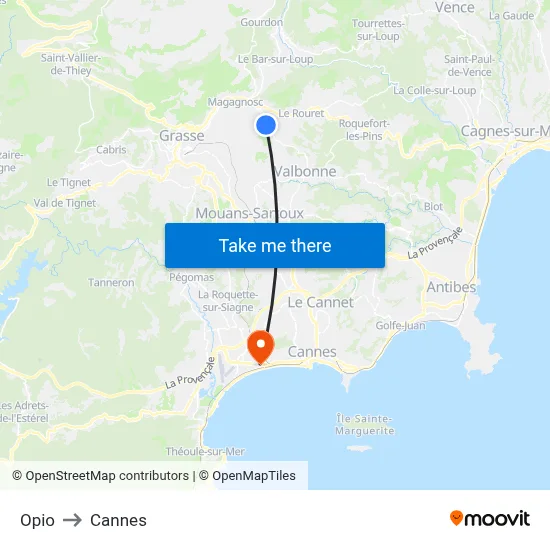 Opio to Cannes map