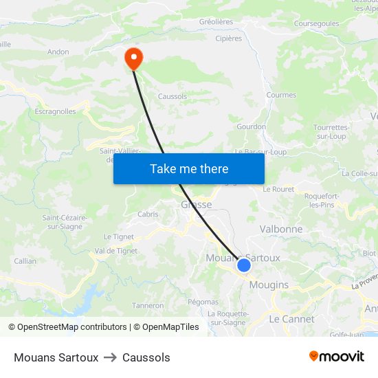 Mouans Sartoux to Caussols map