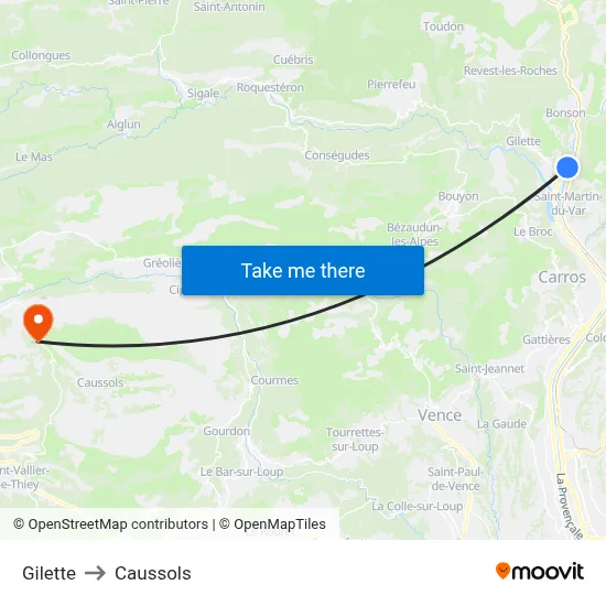 Gilette to Caussols map