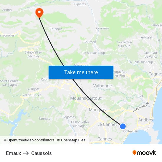 Emaux to Caussols map