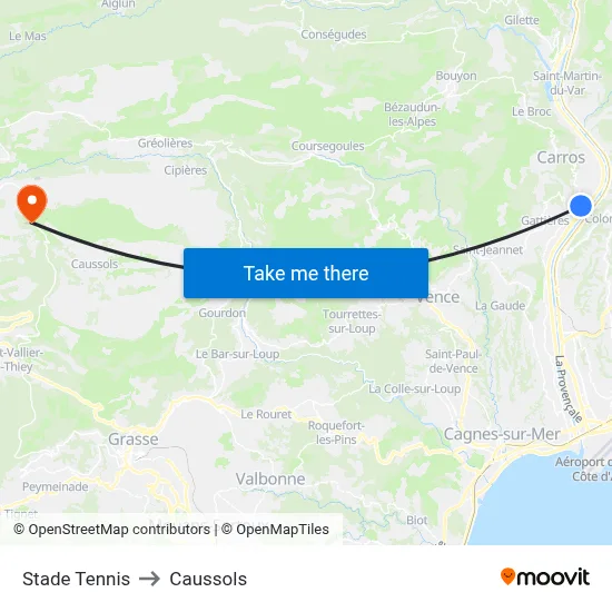 Stade Tennis to Caussols map