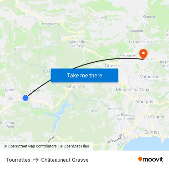 Tourrettes to Châteauneuf-Grasse map