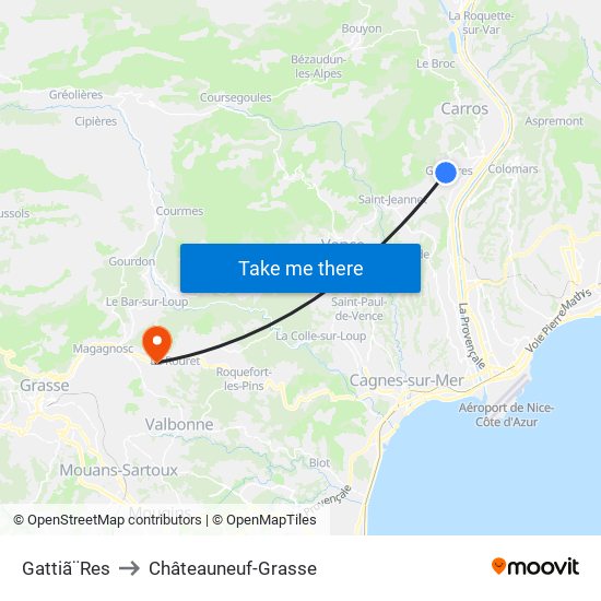 Gattiã¨Res to Châteauneuf-Grasse map