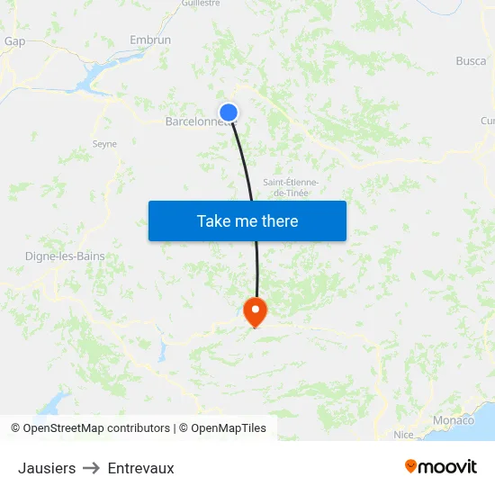 Jausiers to Entrevaux map