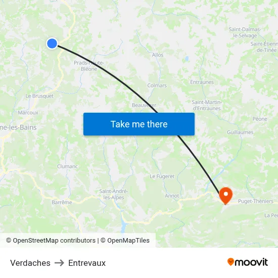 Verdaches to Entrevaux map