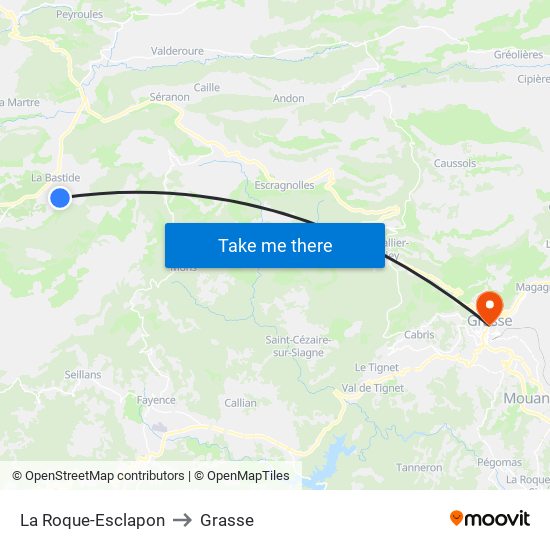 La Roque-Esclapon to Grasse map