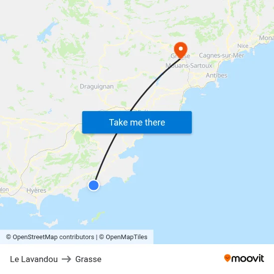 Le Lavandou to Grasse map