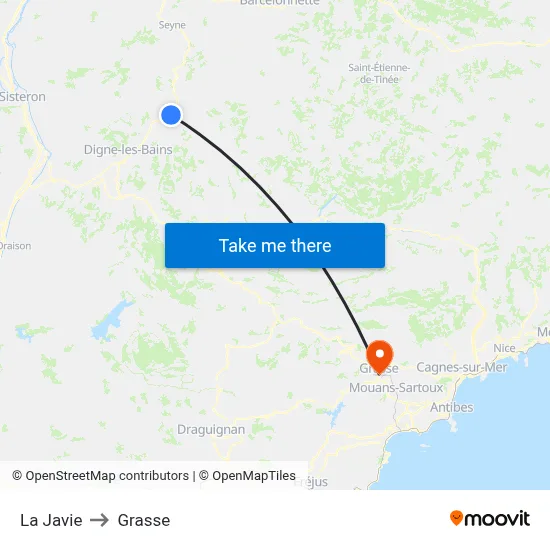 La Javie to Grasse map