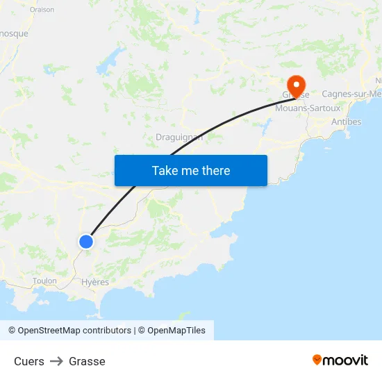 Cuers to Grasse map