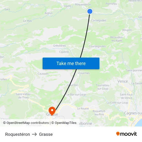 Roquestéron to Grasse map