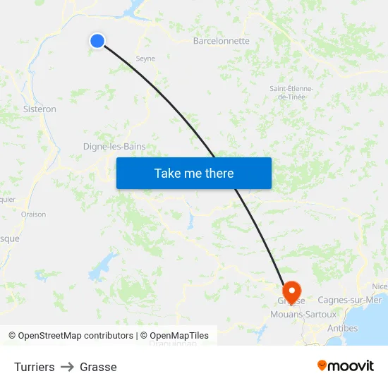 Turriers to Grasse map