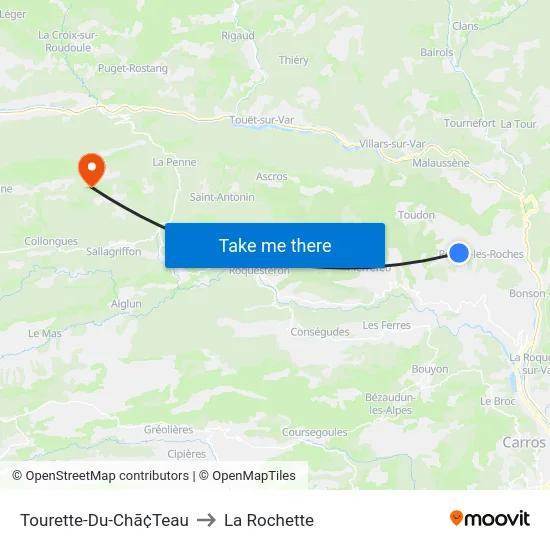 Tourette-Du-Chã¢Teau to La Rochette map