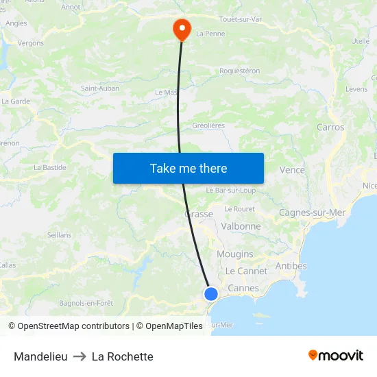 Mandelieu to La Rochette map