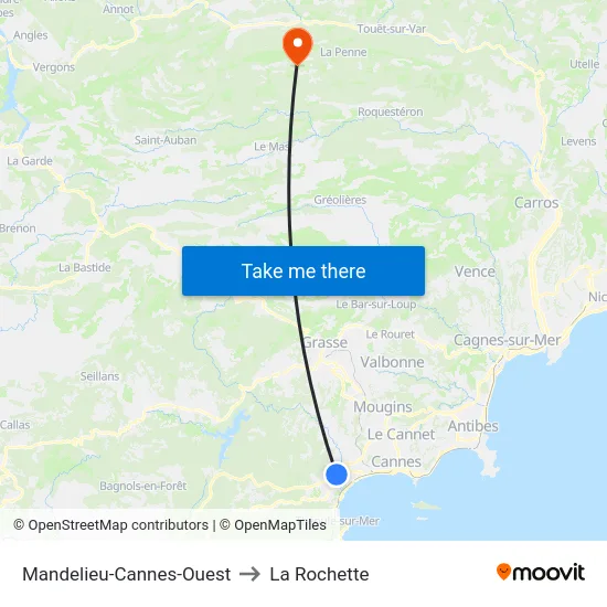 Mandelieu-Cannes-Ouest to La Rochette map