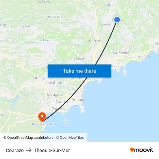 Coaraze to Théoule-Sur-Mer map