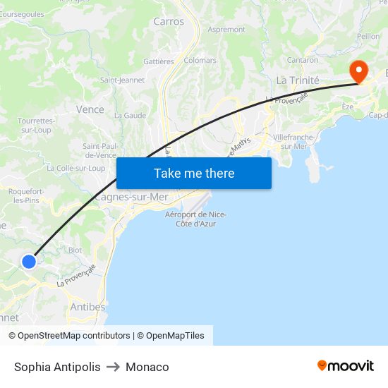 Sophia Antipolis to Monaco map