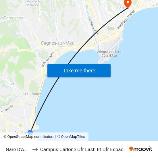 Gare D'Antibes to Campus Carlone Ufr Lash Et Ufr Espaces Et Cultures map